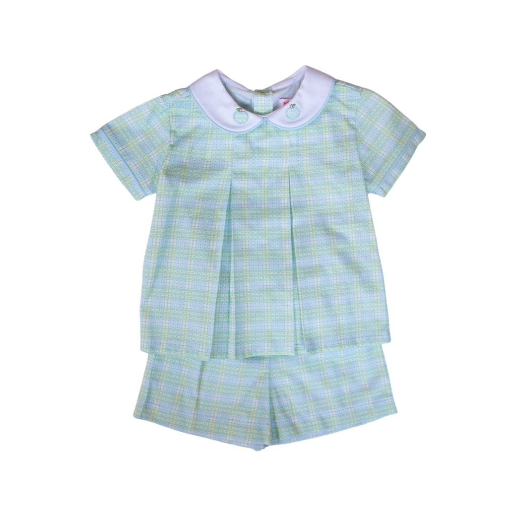 6782 boys top and short set - estes gingham w apple embroidery