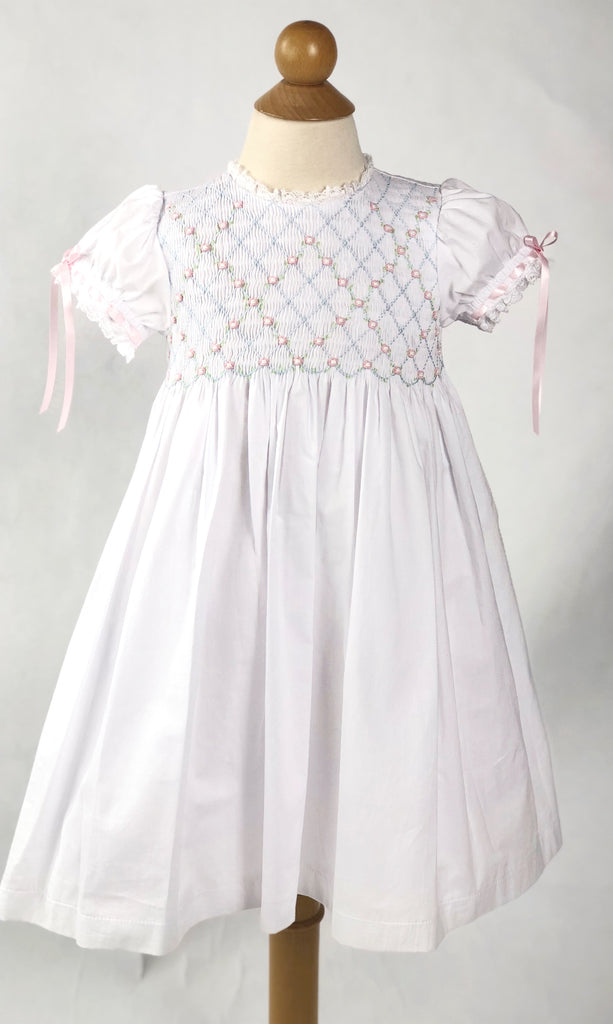 3393 heirloom gown white batiste w blue/pink smocking